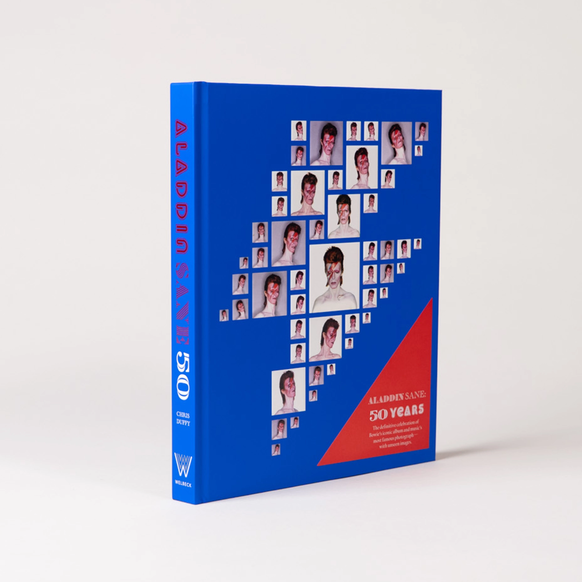 An angled copy of Aladdin Sane 50, showing off blue cover and spine